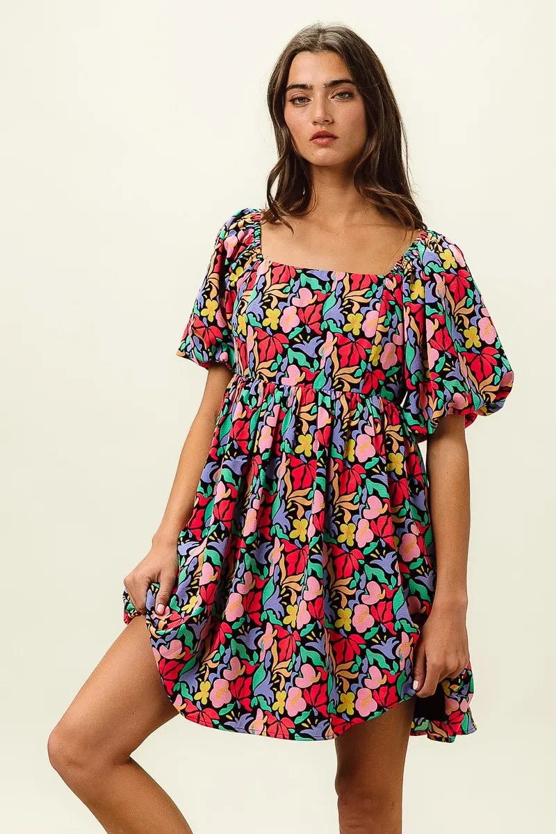 Floral Print Puff Square Neck Dress - Eva's Edition
