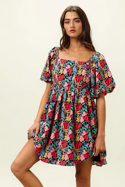 Floral Print Puff Square Neck Dress - Eva's Edition
