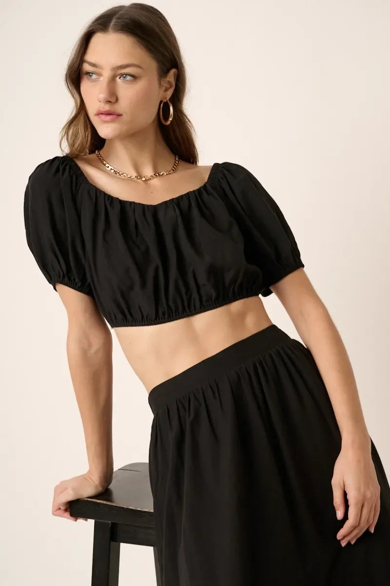 Cropped Puff Sleeve Blouse and Midi Skirt Set - Eva's Edition