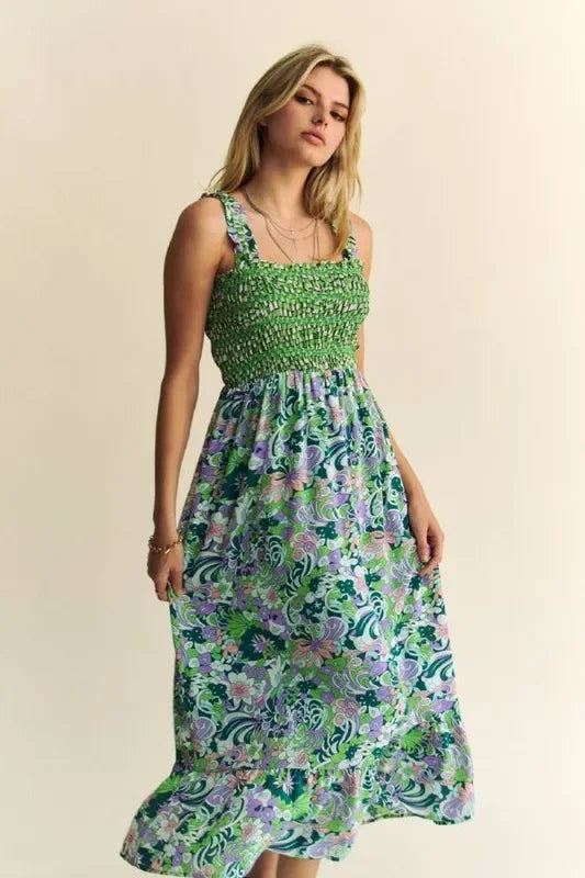 Multi Smocked Bodice Geo Ruffle Strappy Midi Dress - Eva's Edition