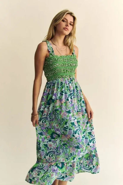 Multi Smocked Bodice Geo Ruffle Strappy Midi Dress - Eva's Edition