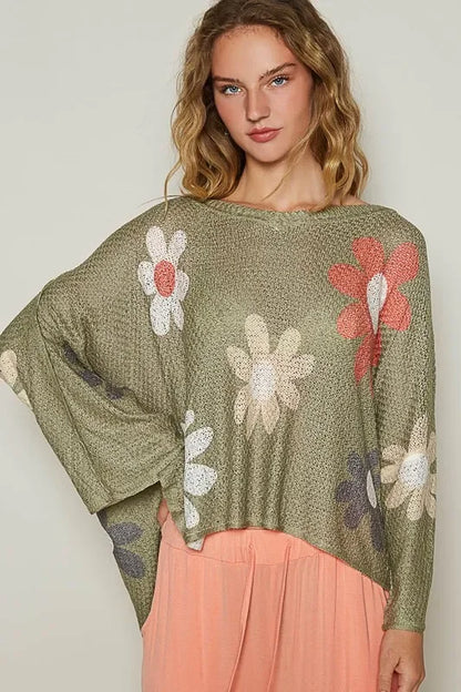 Flower Dropped Shoulder Long Sleeve Knit Top - Eva's Edition