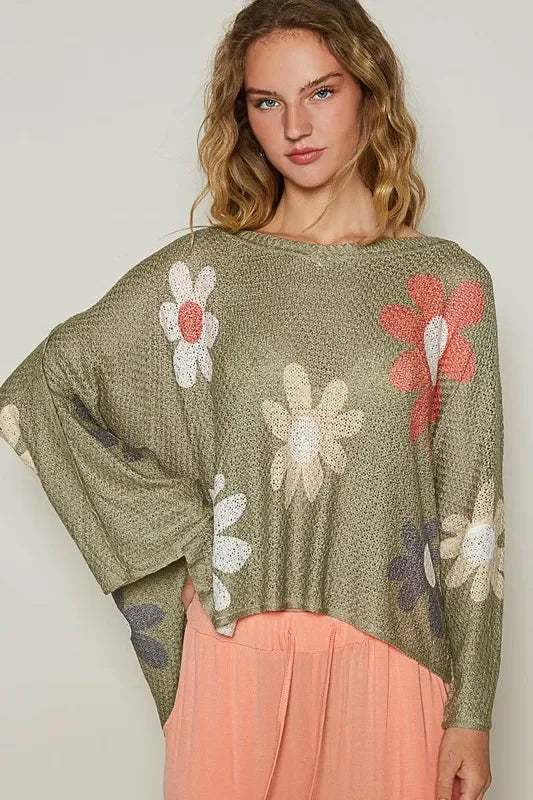 Flower Dropped Shoulder Long Sleeve Knit Top - Eva's Edition