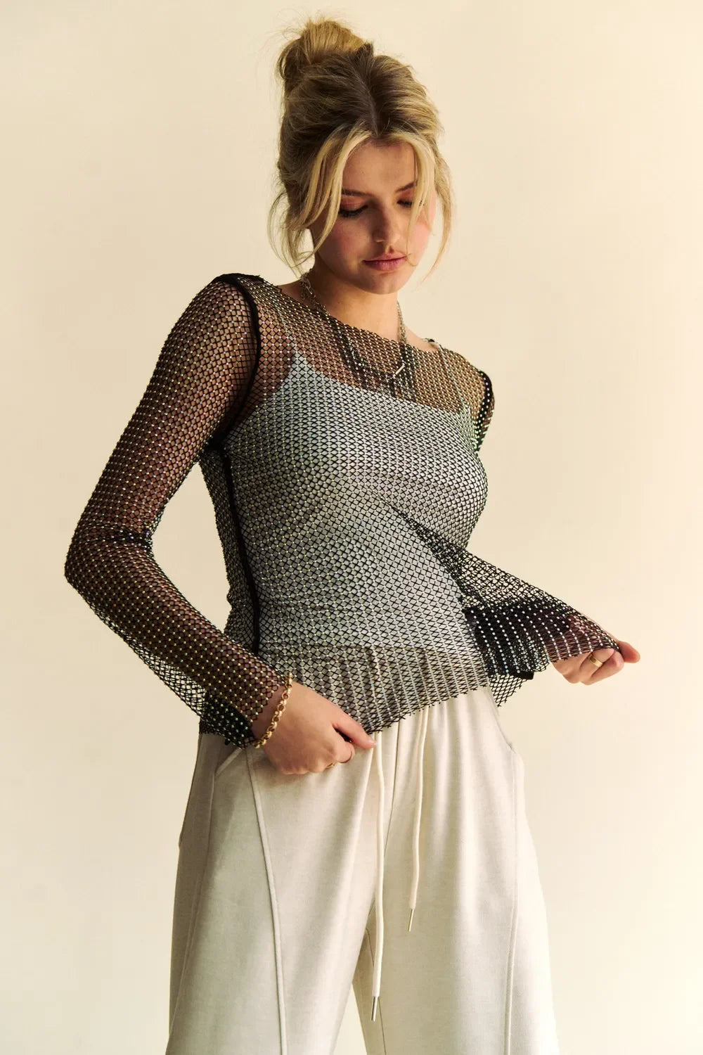 Sparkling Rhinestone Sheer Mesh Round Neck Top - Eva's Edition