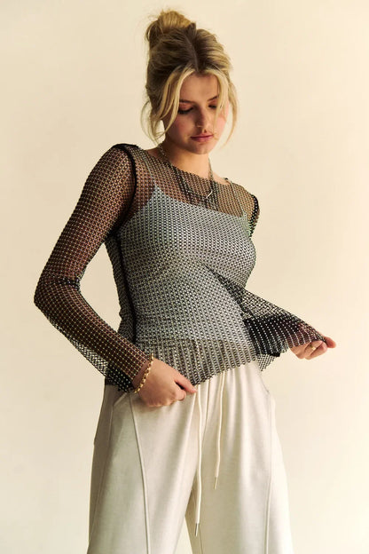 Sparkling Rhinestone Sheer Mesh Round Neck Top - Eva's Edition