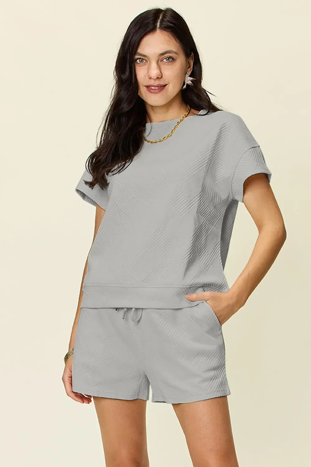 Textured Short Sleeve T-Shirt and Drawstring Shorts Set - Eva's Edition