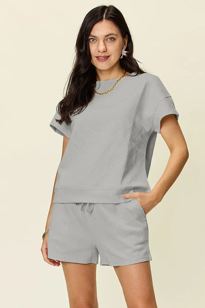 Textured Short Sleeve T-Shirt and Drawstring Shorts Set - Eva's Edition