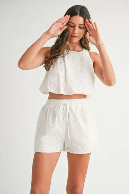 Eyelet Bubble Hem Sleeveless Top and Shorts Set - Eva's Edition