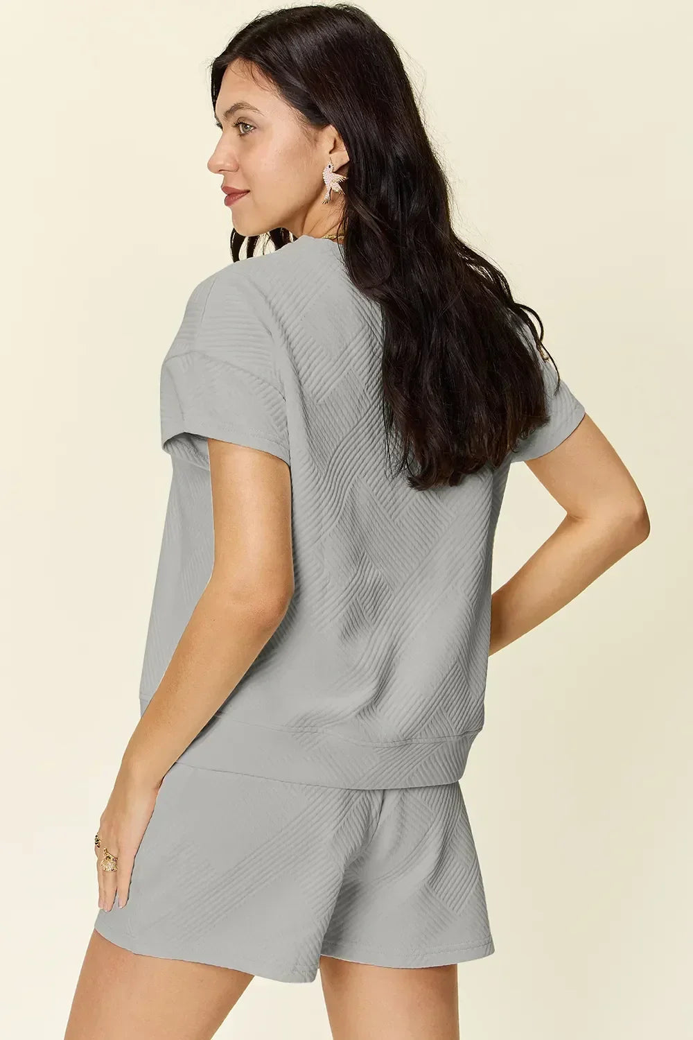 Textured Short Sleeve T-Shirt and Drawstring Shorts Set - Eva's Edition