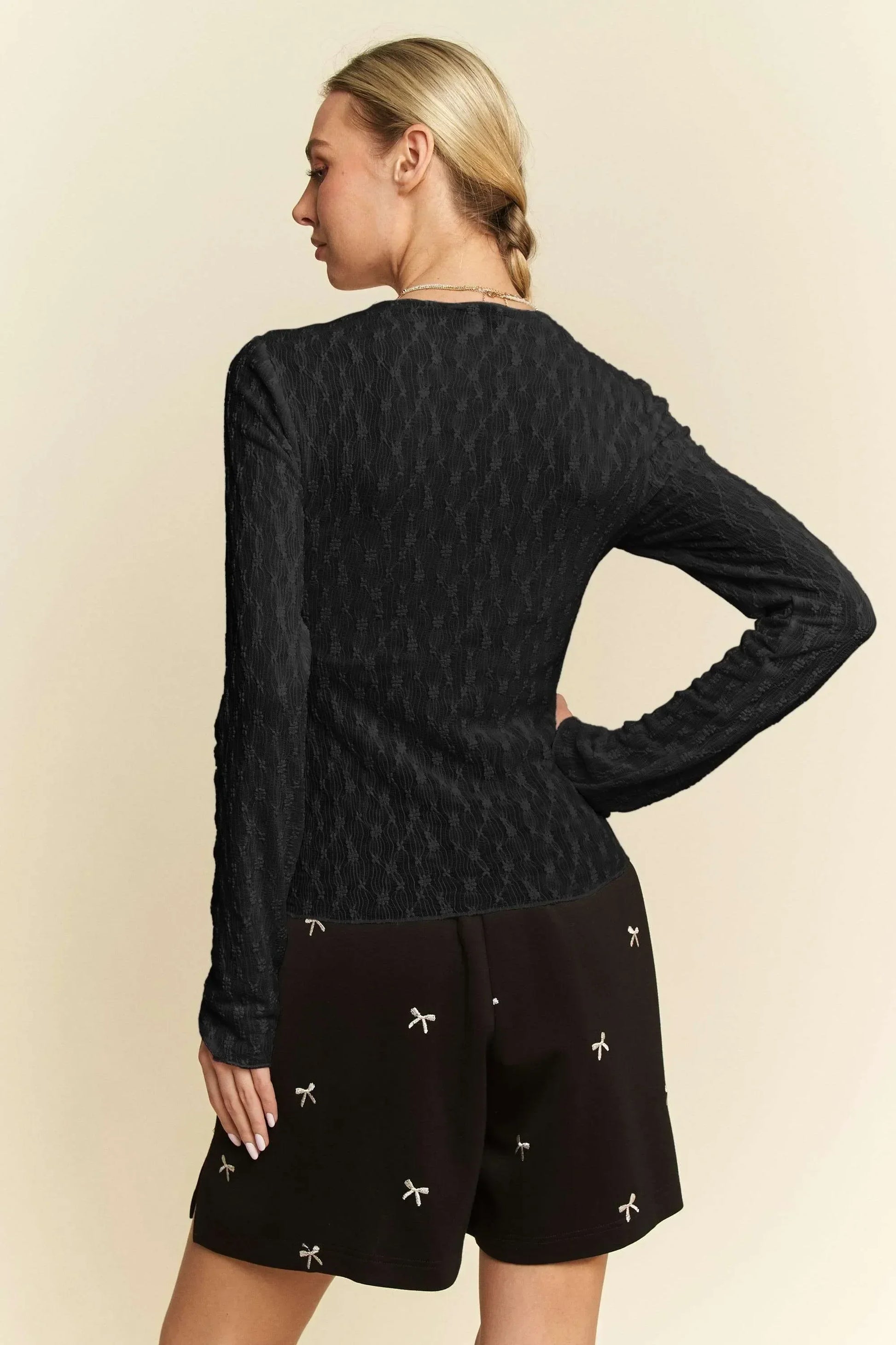 Long Sleeve Sheer Small Embroidered Bows Lace Top - Eva's Edition