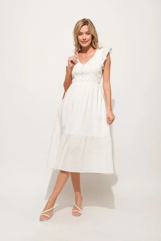 Ruffle Sleeve Front Smocked Tiered Midi Dress - Eva's Edition