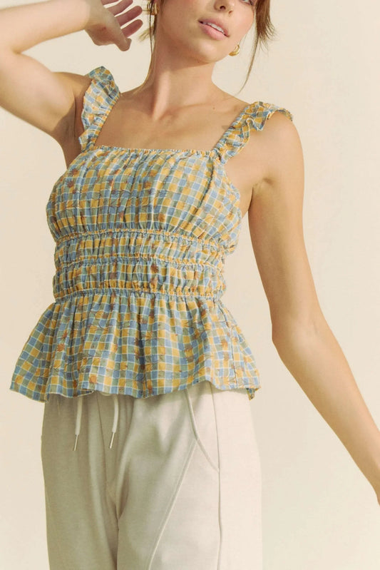 Plaid Ruffled Strap Smocked Sleeveless Top - Eva's Edition