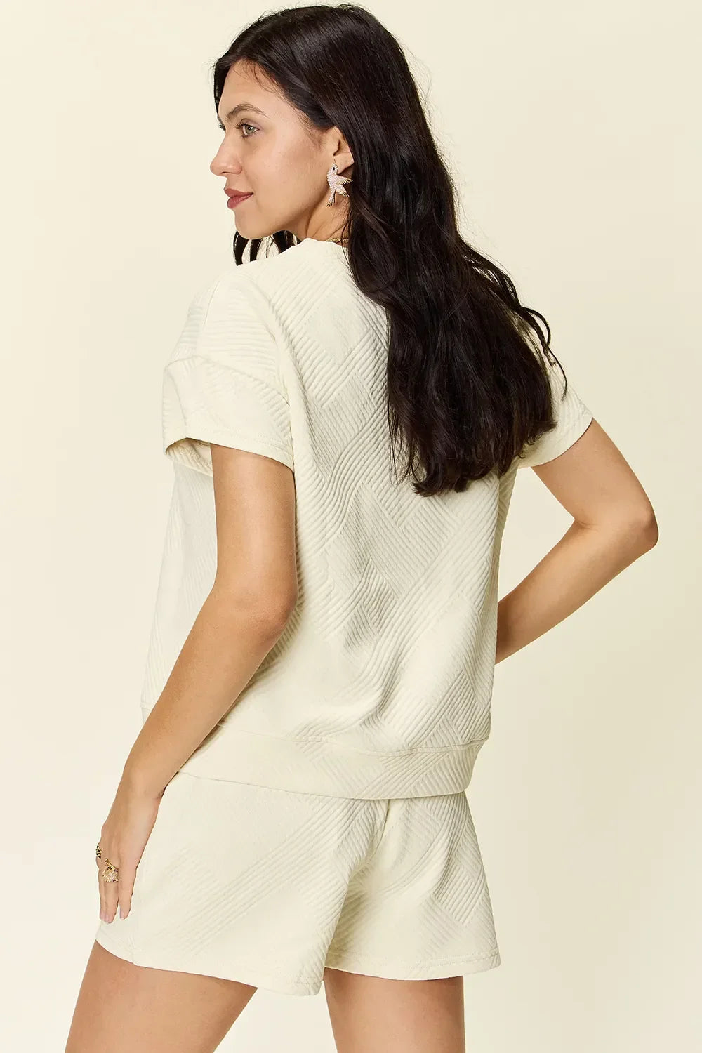 Textured Short Sleeve T-Shirt and Drawstring Shorts Set - Eva's Edition