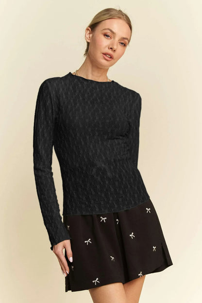 Long Sleeve Sheer Small Embroidered Bows Lace Top - Eva's Edition