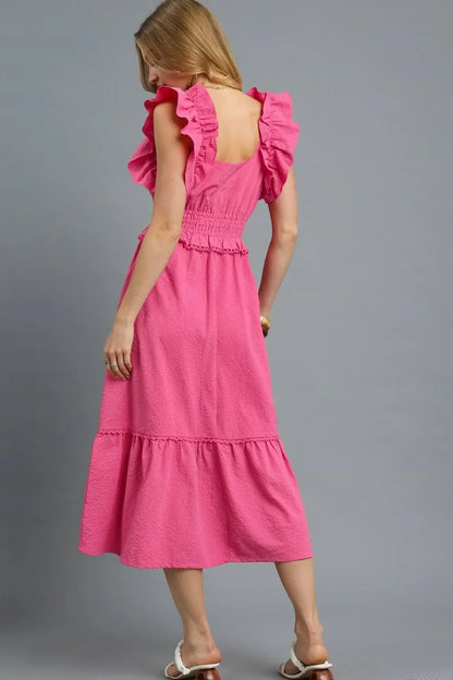 V-Neck Ruffled Cap Sleeve Midi Dress - Eva's Edition
