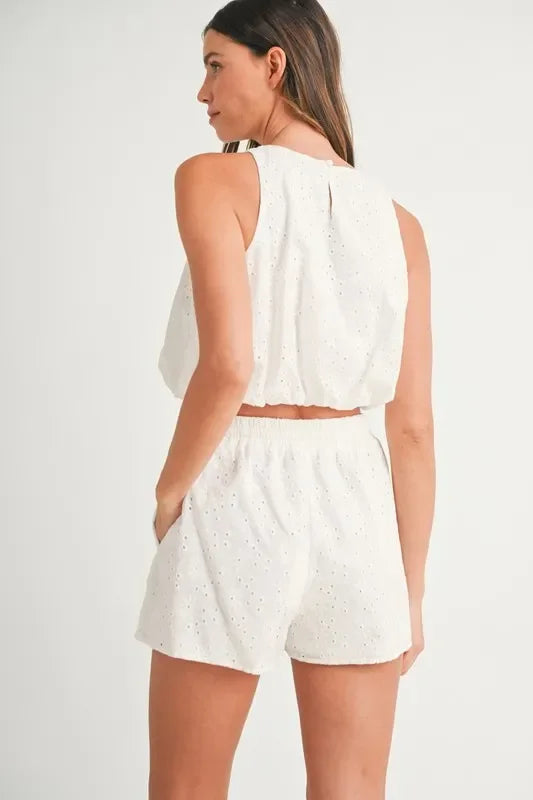 Eyelet Bubble Hem Sleeveless Top and Shorts Set - Eva's Edition