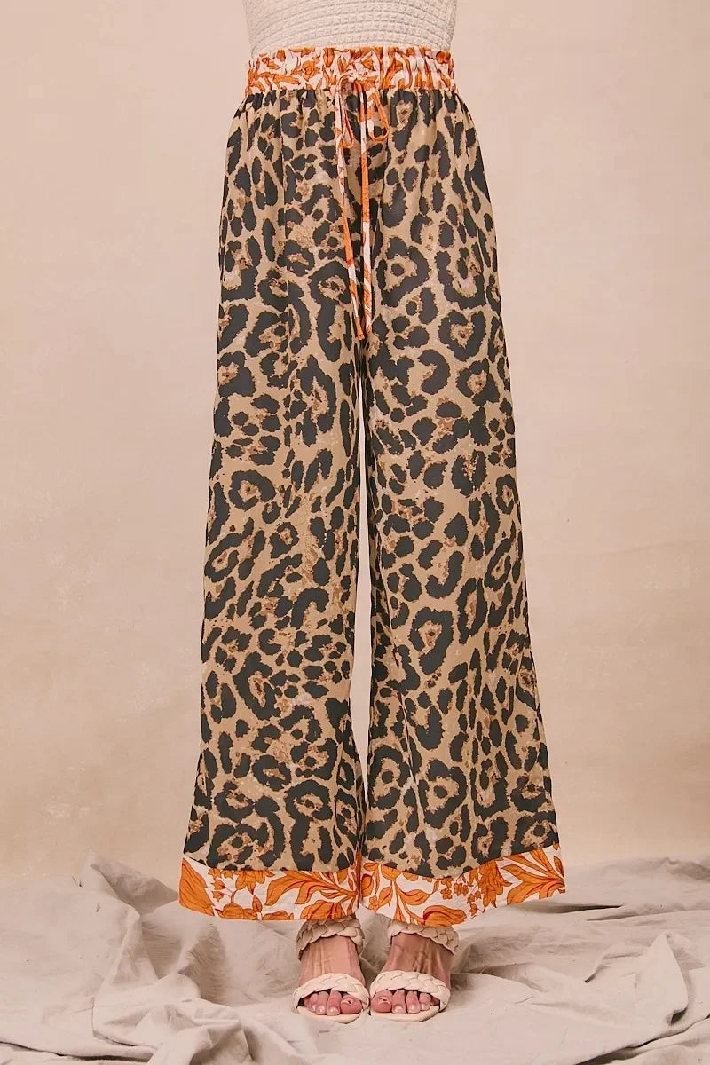 Leopard Print With Contrast Banded Wide Pants - Eva's Edition