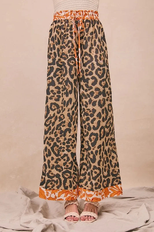 Leopard Print With Contrast Banded Wide Pants - Eva's Edition