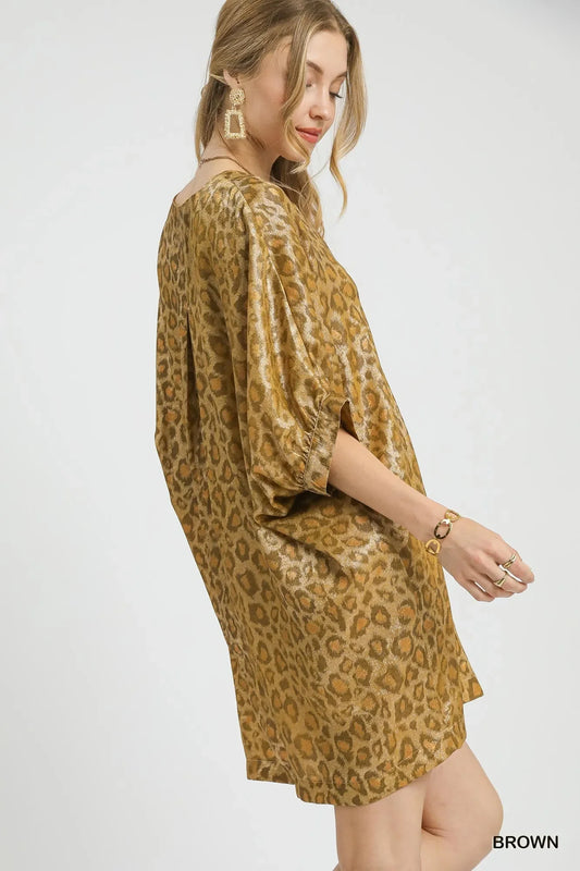 Metallic Leopard Print V-Neck Kimono Dress - Eva's Edition