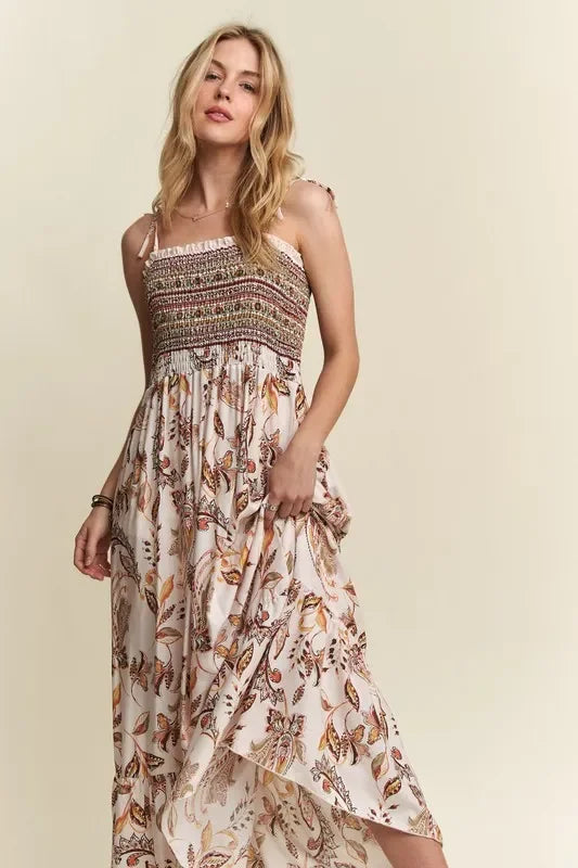 Smocked Printed Square Necktie Shoulder Cami Dress - Eva's Edition