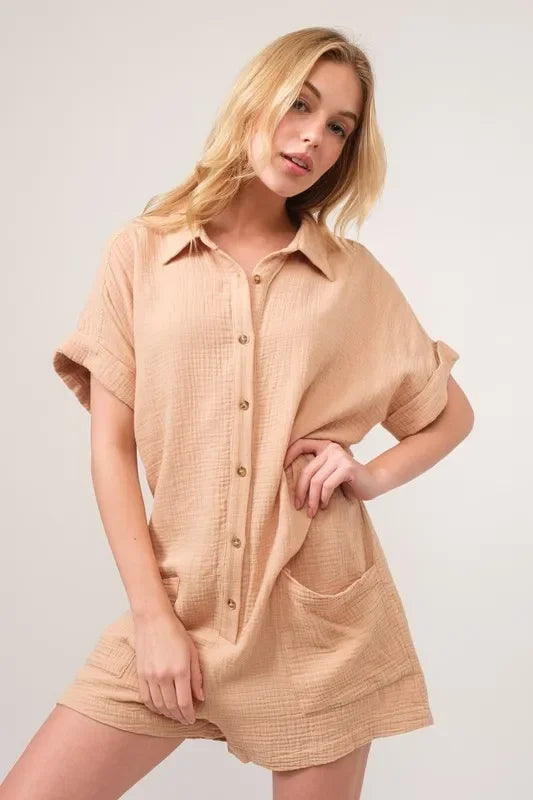 Gauze Roll-up Sleeve Comfort Utility Romper - Eva's Edition