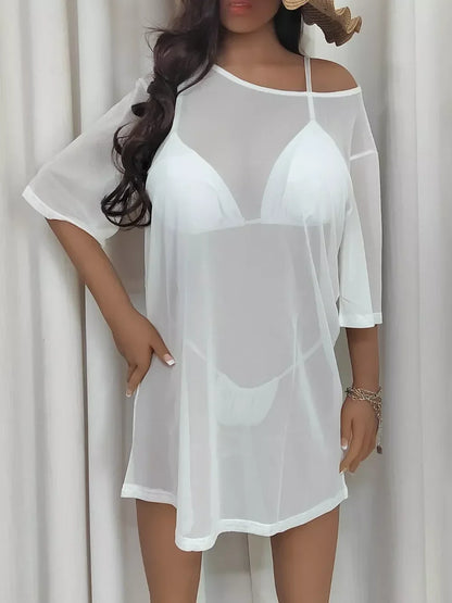 Mesh Boat Neck Half Sleeve Cover Up - Eva's Edition
