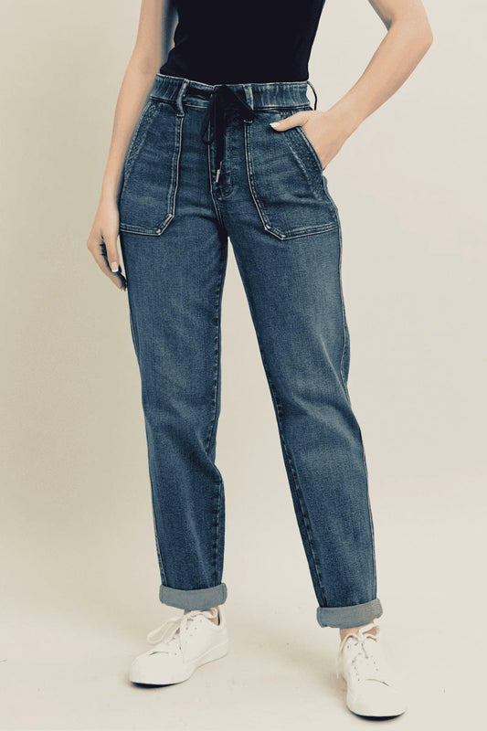 Vintage Wash Jeans w/ Drawstring Plus Size - Eva's Edition