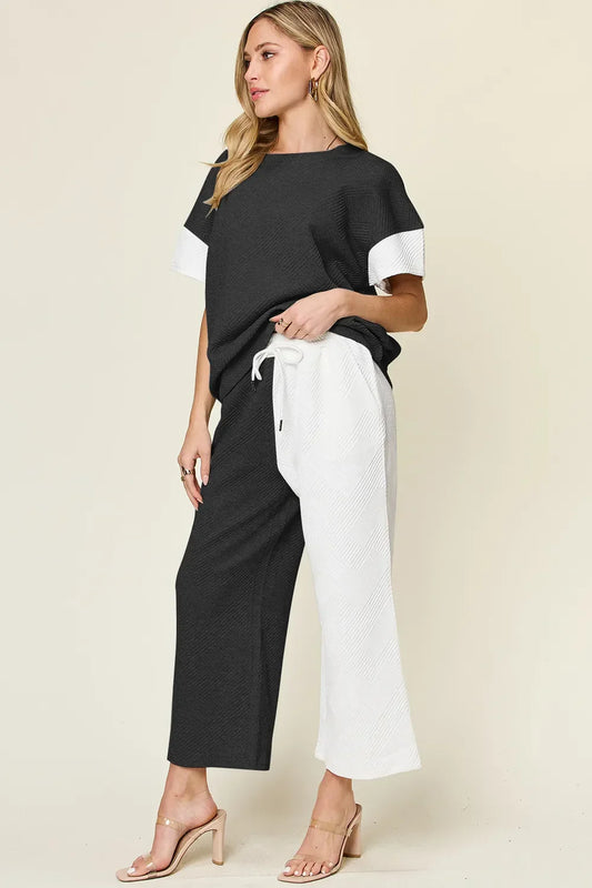 Textured Contrast T-Shirt and Wide Leg Pants Set - Eva's Edition