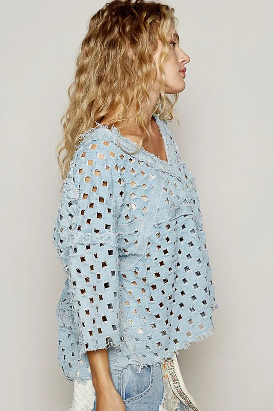 V-Neck Short Sleeve Top with Laser Cut Detail - Eva's Edition