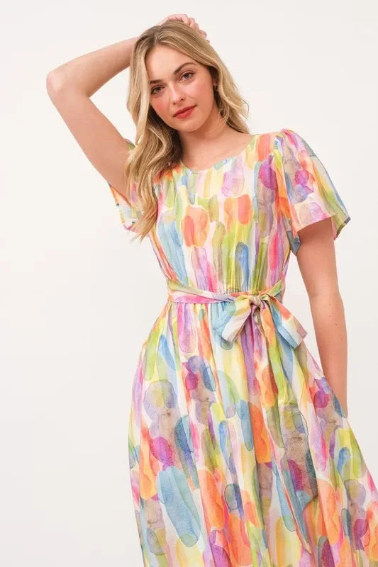 Watercolor Print Tie Front Midi Dress - Eva's Edition