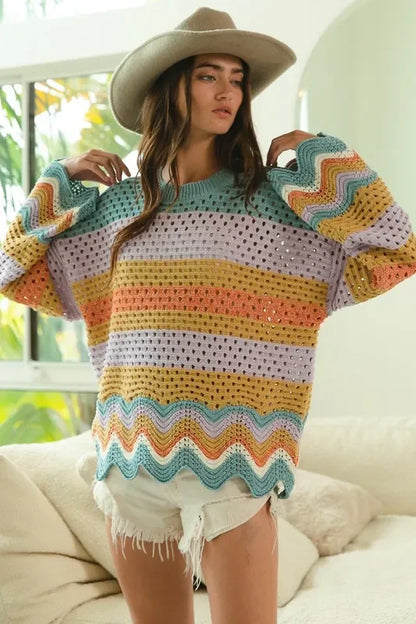Openwork Contrast Round Neck Sweater - Eva's Edition