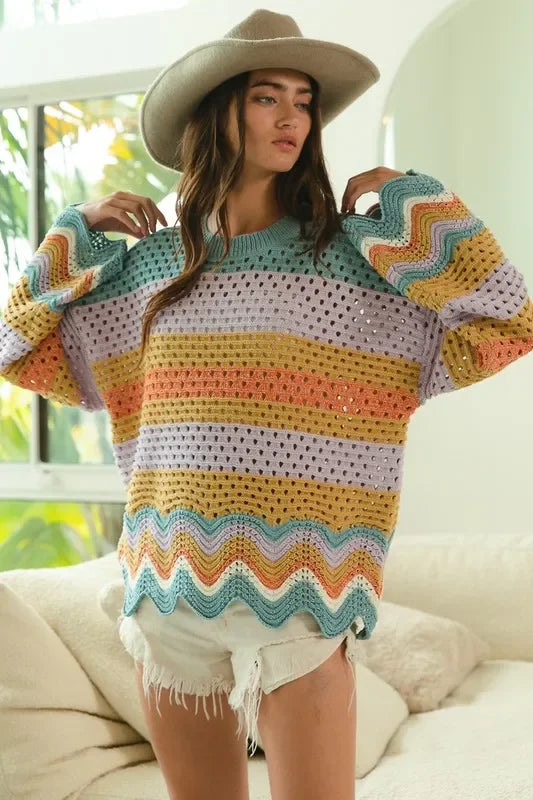 Openwork Contrast Round Neck Sweater - Eva's Edition