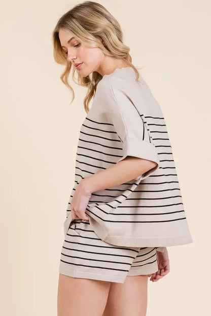 Striped Folded Half Sleeve Top and Shorts Set - Eva's Edition