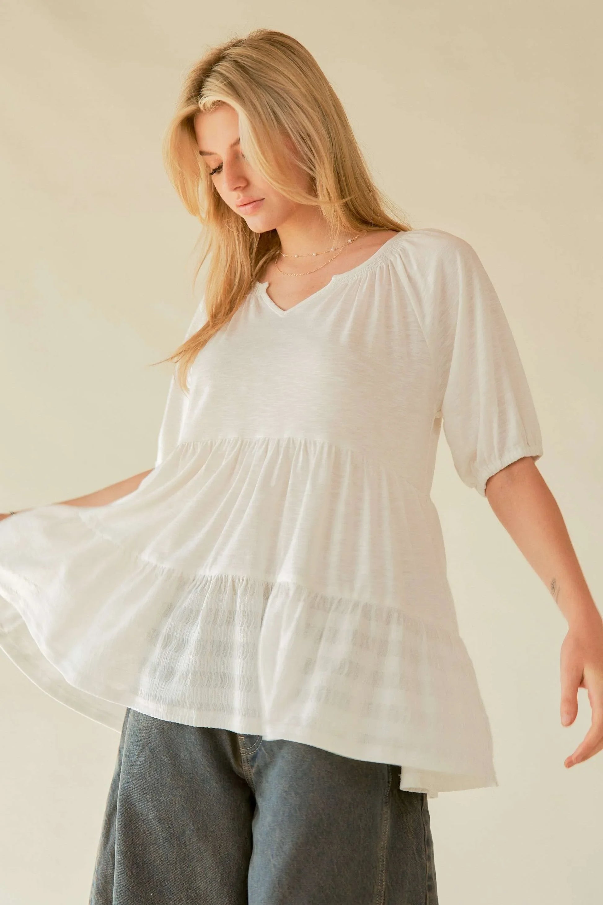 Flared Short Sleeve V Neck Blouse - Eva's Edition