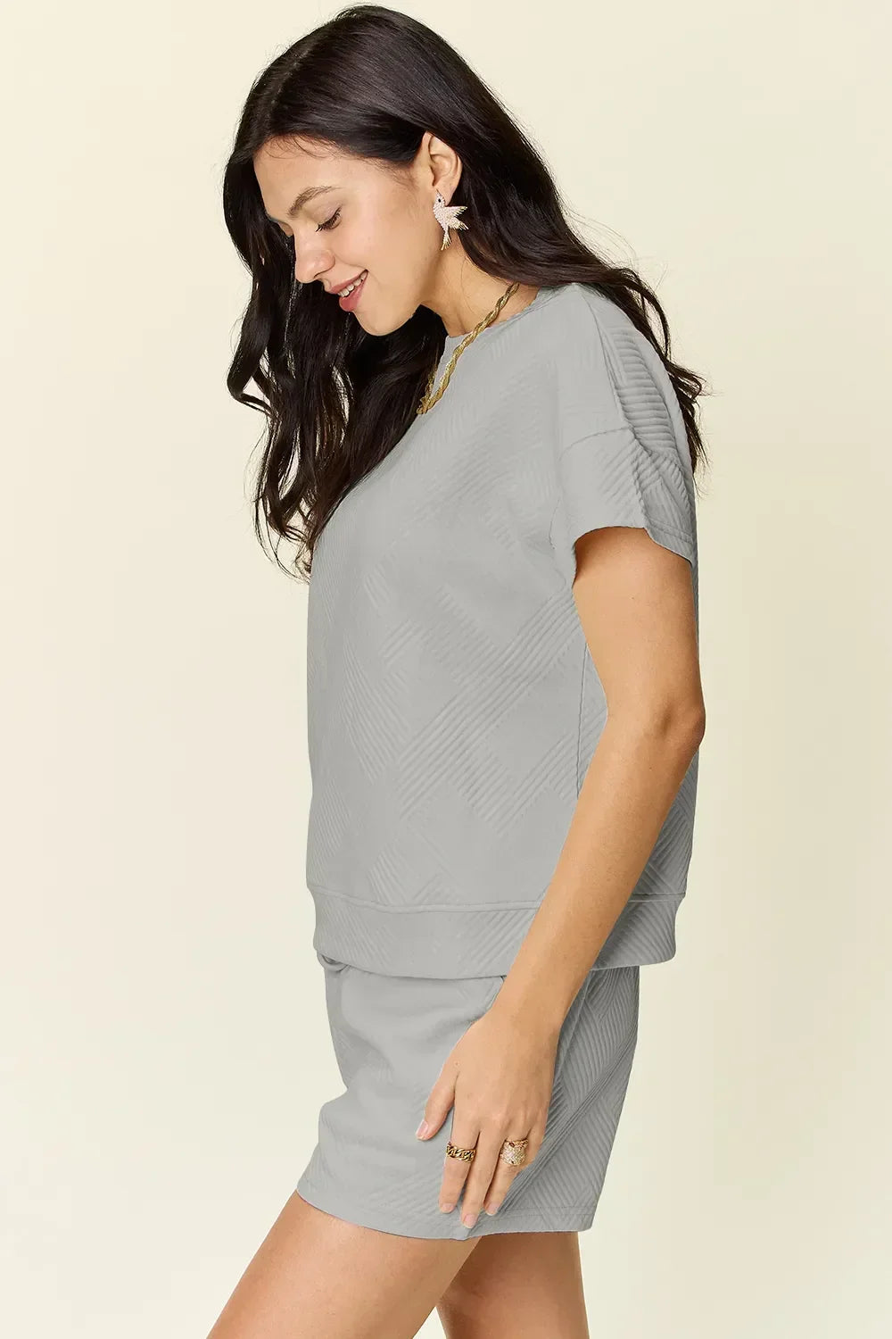 Textured Short Sleeve T-Shirt and Drawstring Shorts Set - Eva's Edition