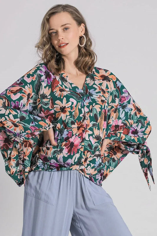 V-Neck Tie Sleeve Blouse Plus Size - Eva's Edition