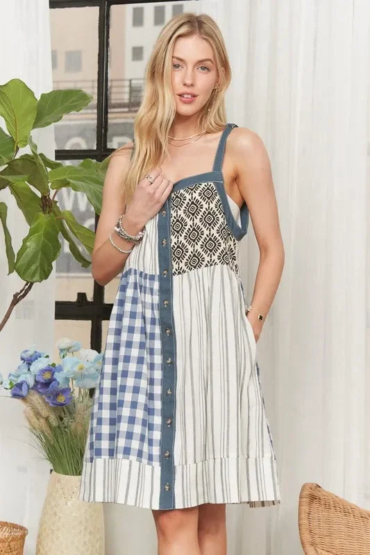 Patchwork Button Front Mini Dress - Eva's Edition