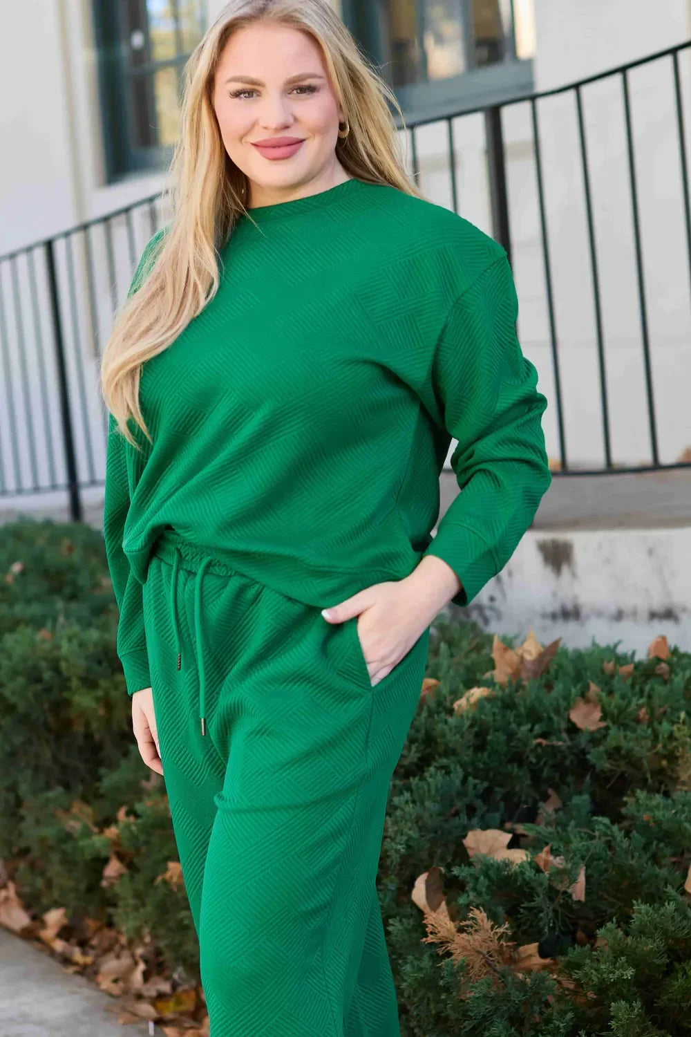 Textured Long Sleeve Top and Drawstring Pants Set - Eva's Edition