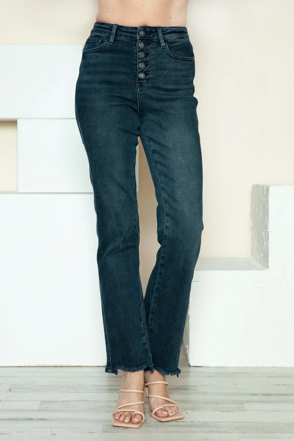 Button Fly Hem Destroy Straight Jeans - Eva's Edition