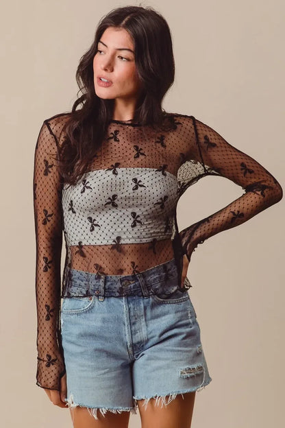 Bow Ribbon Pattern Sheer Lace Top - Eva's Edition