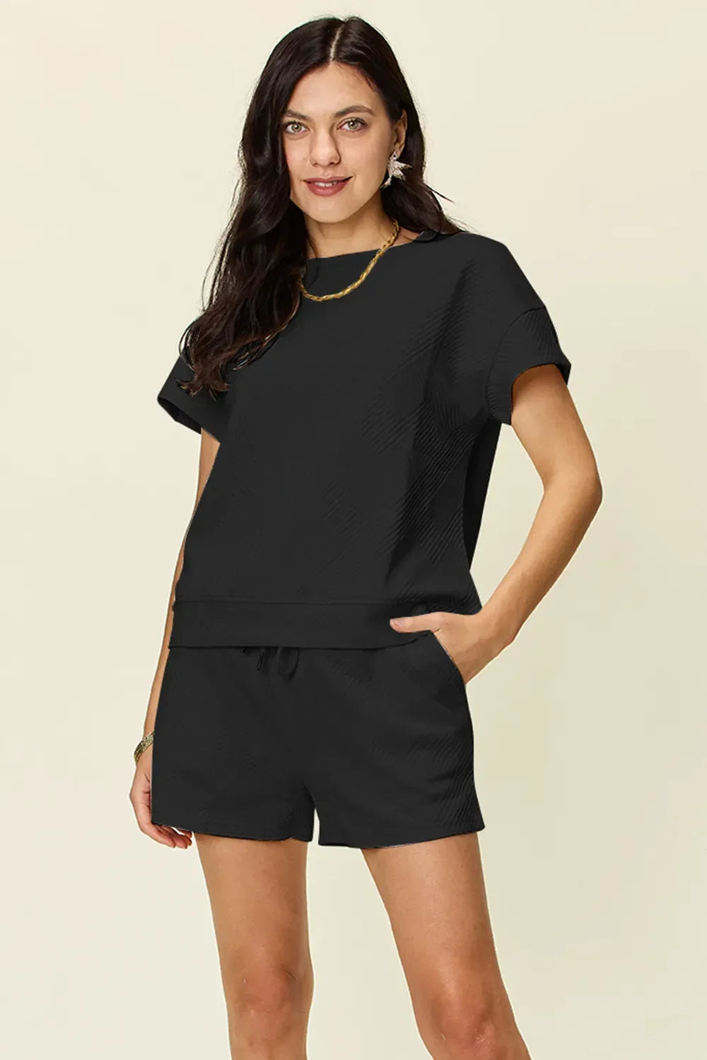 Textured Short Sleeve T-Shirt and Drawstring Shorts Set - Eva's Edition