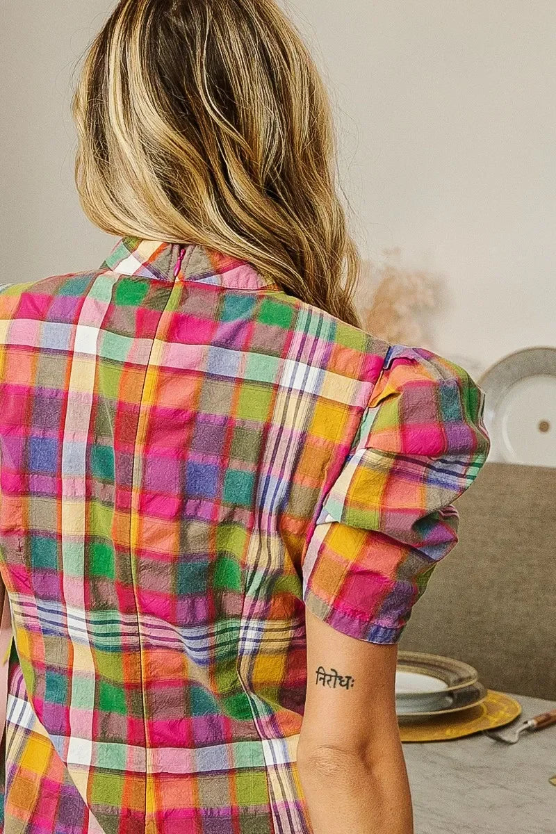 Short Puff Sleeve Washed Vintage Plaid Top - Eva's Edition