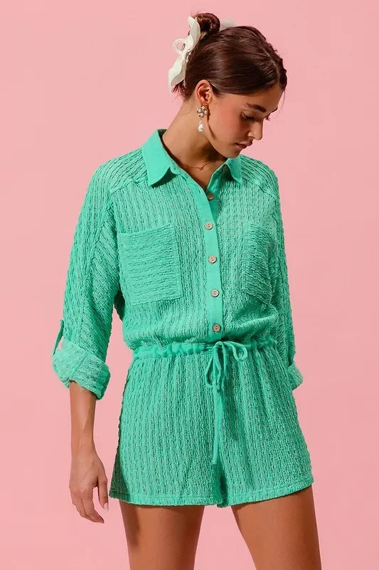 Textured Knit Button Front Romper - Eva's Edition
