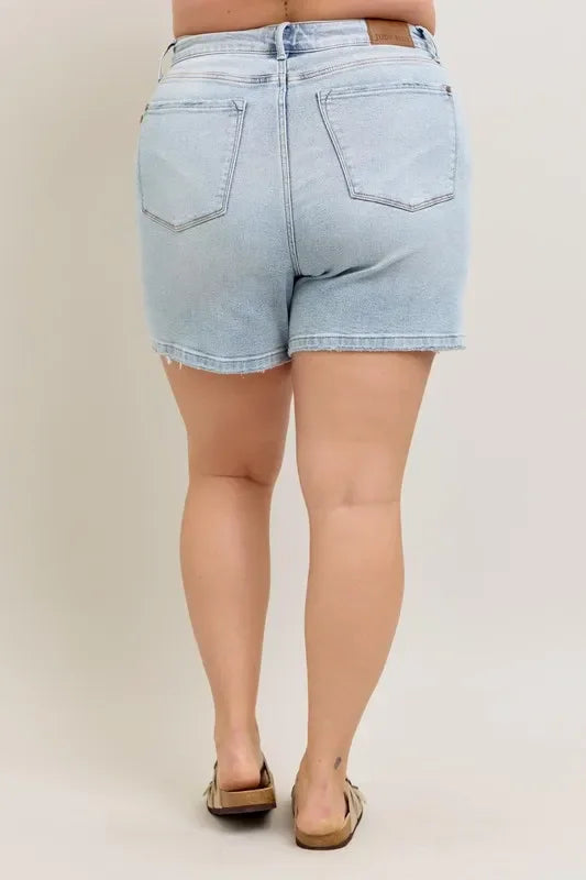 Frayed Hem High Rise Denim Shorts with Pockets - Eva's Edition