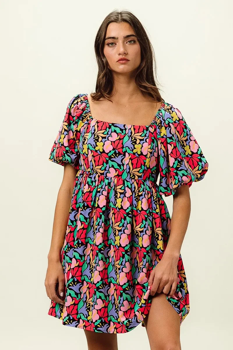 Floral Print Puff Square Neck Dress - Eva's Edition