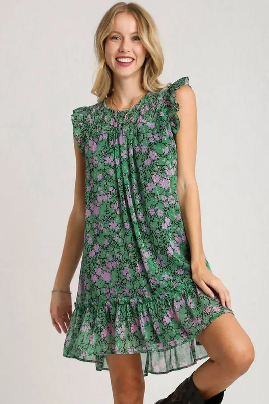 Smocked Detail Floral Metallic Ruffle Cap Sleeve Dress Plus Size - Eva's Edition