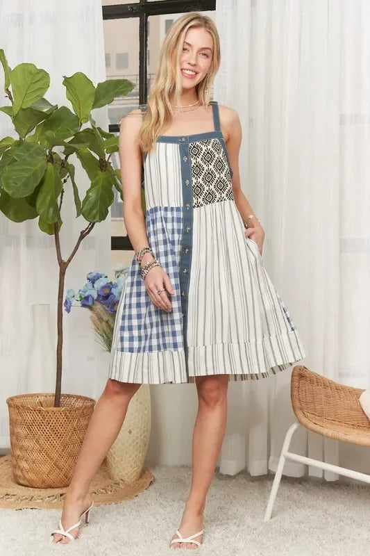 Patchwork Button Front Mini Dress - Eva's Edition