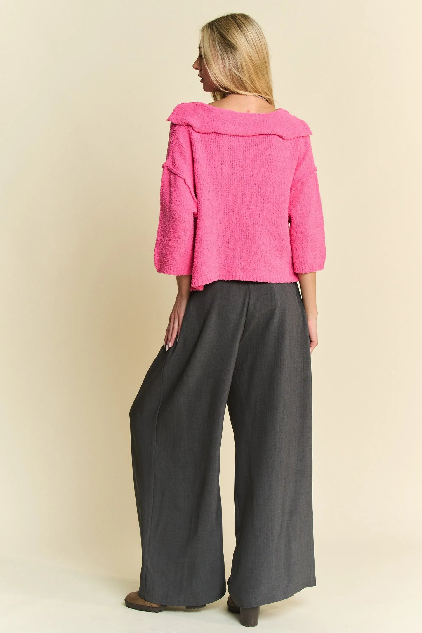 Solid Back Pocket Shirring Detail Wide Leg Pants - Eva's Edition