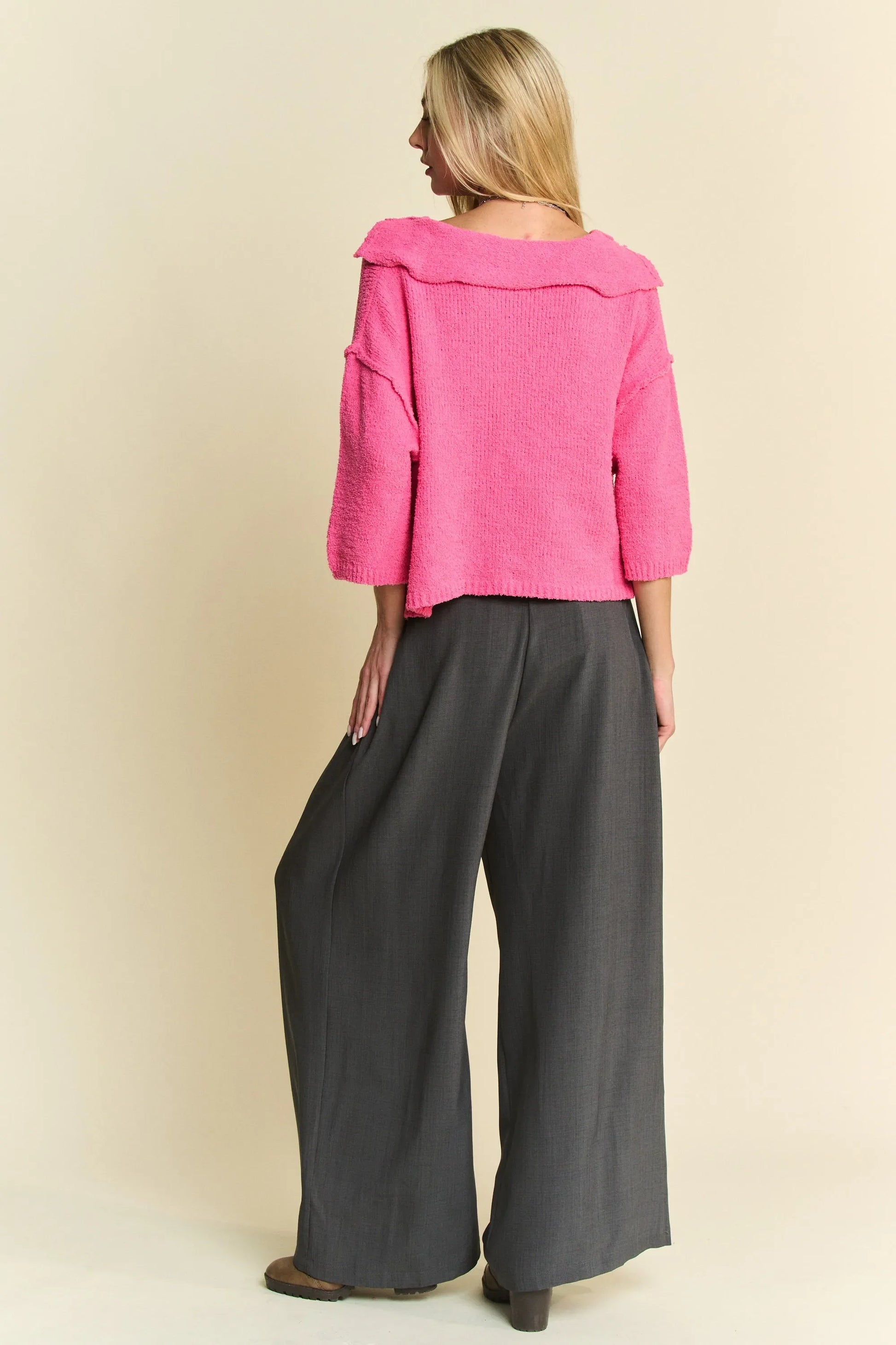 Solid Back Pocket Shirring Detail Wide Leg Pants - Eva's Edition