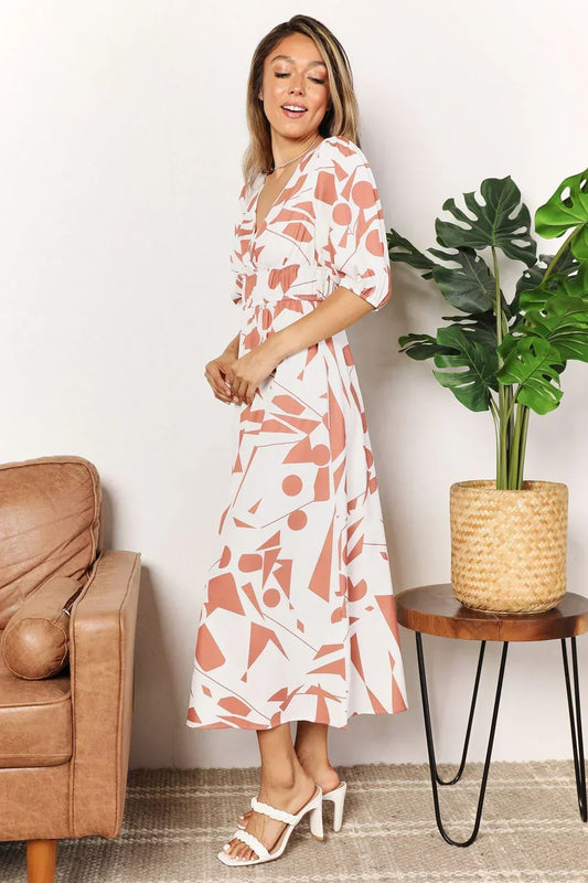 Printed Surplice Balloon Sleeve Dress - Eva's Edition